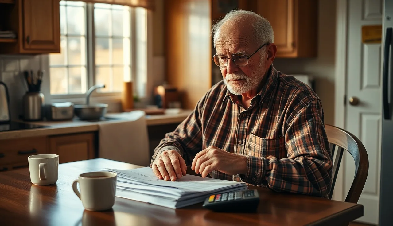 Older man reviewing disability paperwork at kitchen table with calculator