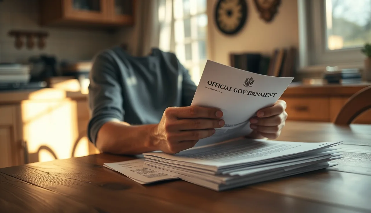 Person reviewing SSDI award letters at a kitchen table in afternoon light