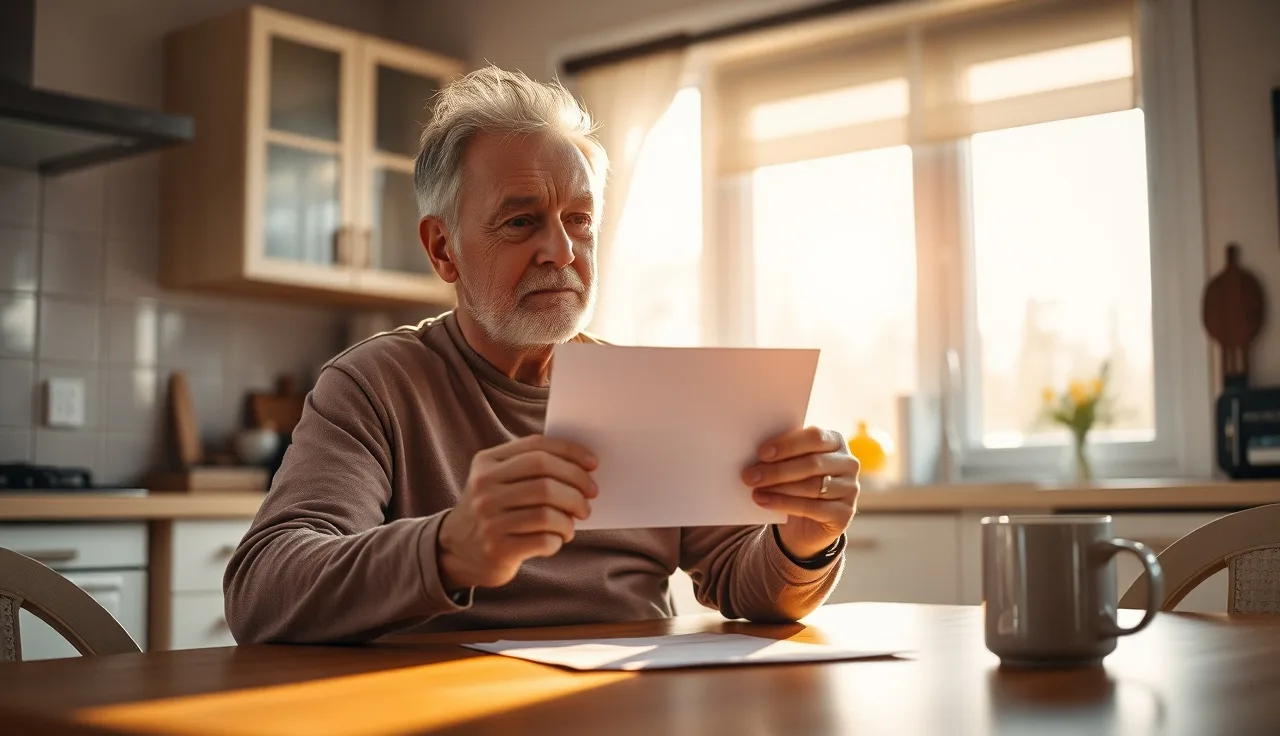 Person holding a government benefits letter at a kitchen table, looking relieved