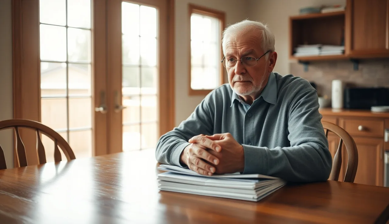 Man sitting at kitchen table with medical folders, looking tired while considering disability paperwork
