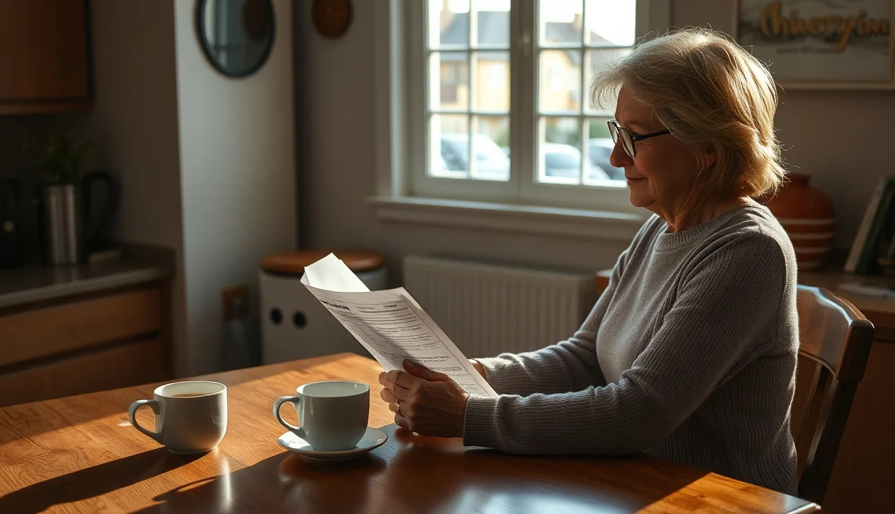 Woman reviewing bank statement at kitchen table, SSDI back pay arrival