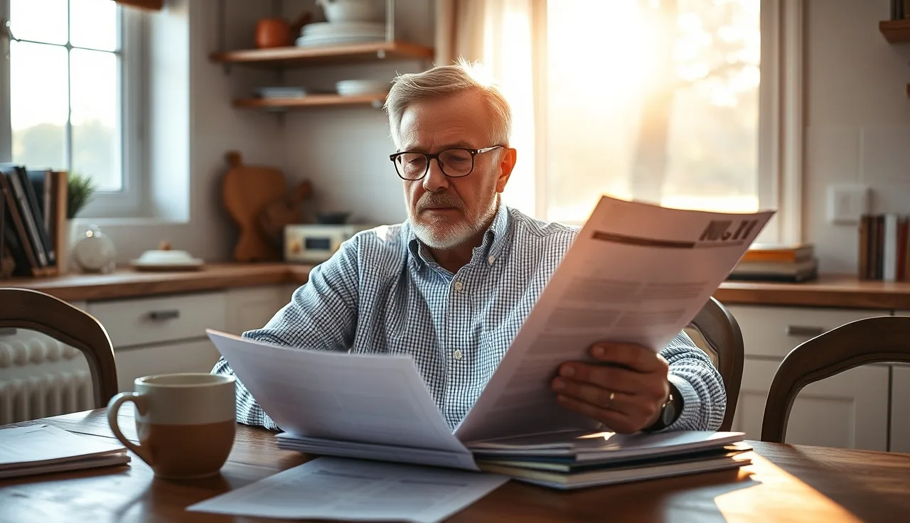 Man reviewing disability paperwork at kitchen table in morning light