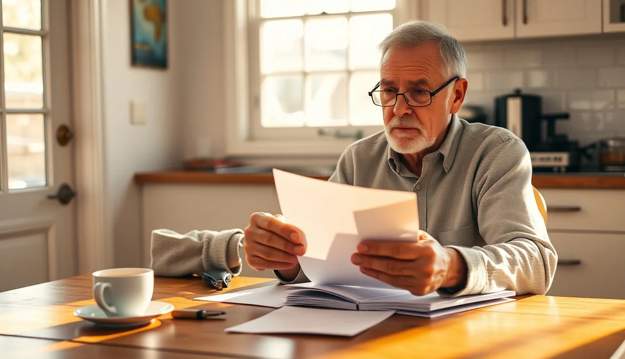 Older man reviewing disability benefit papers at a kitchen table in morning light