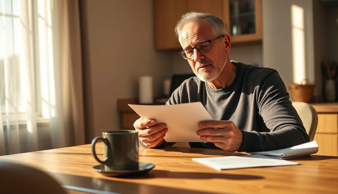 Man at kitchen table opening an SSDI approval envelope in morning light