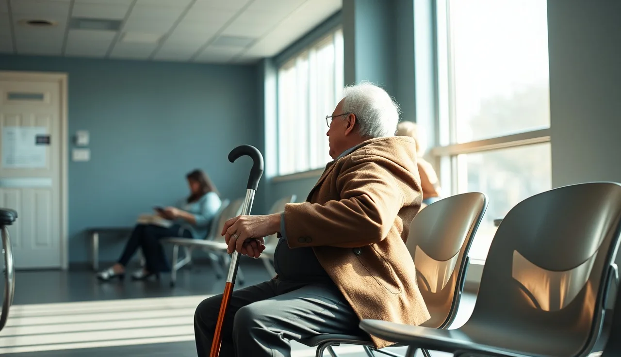 Man with a cane waiting in a government office waiting room for his SSDI appointment