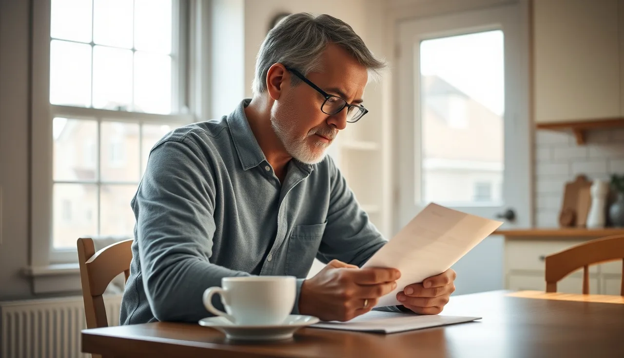 Man reading an SSDI approval letter at kitchen table in morning light