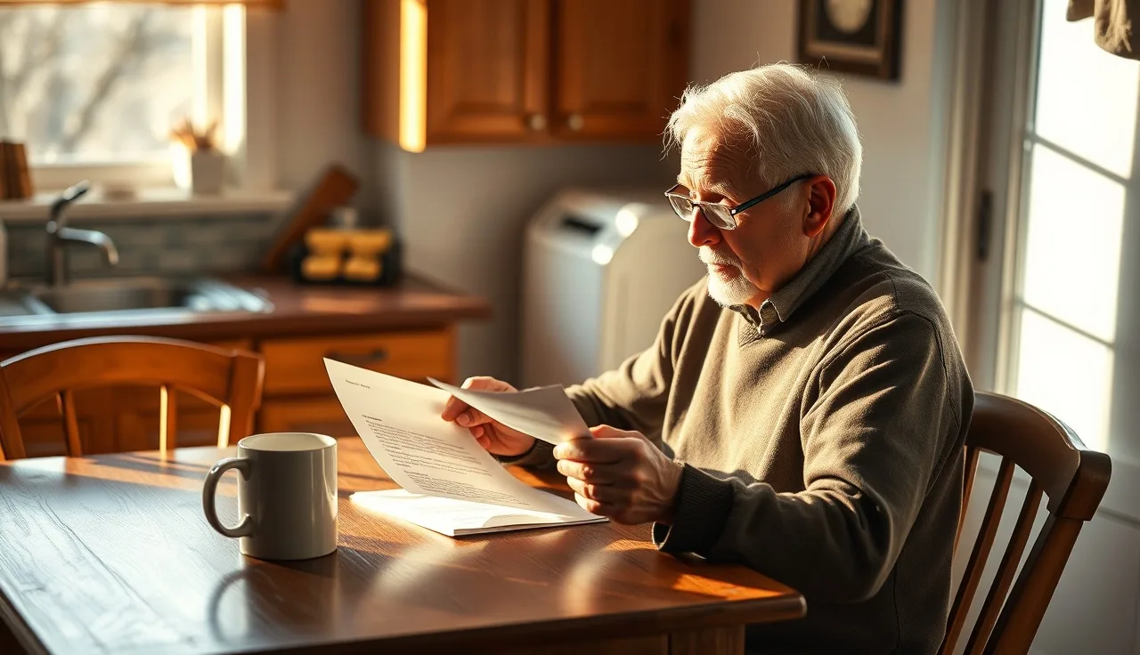 Older man reading an official letter at a kitchen table regarding his disability benefits