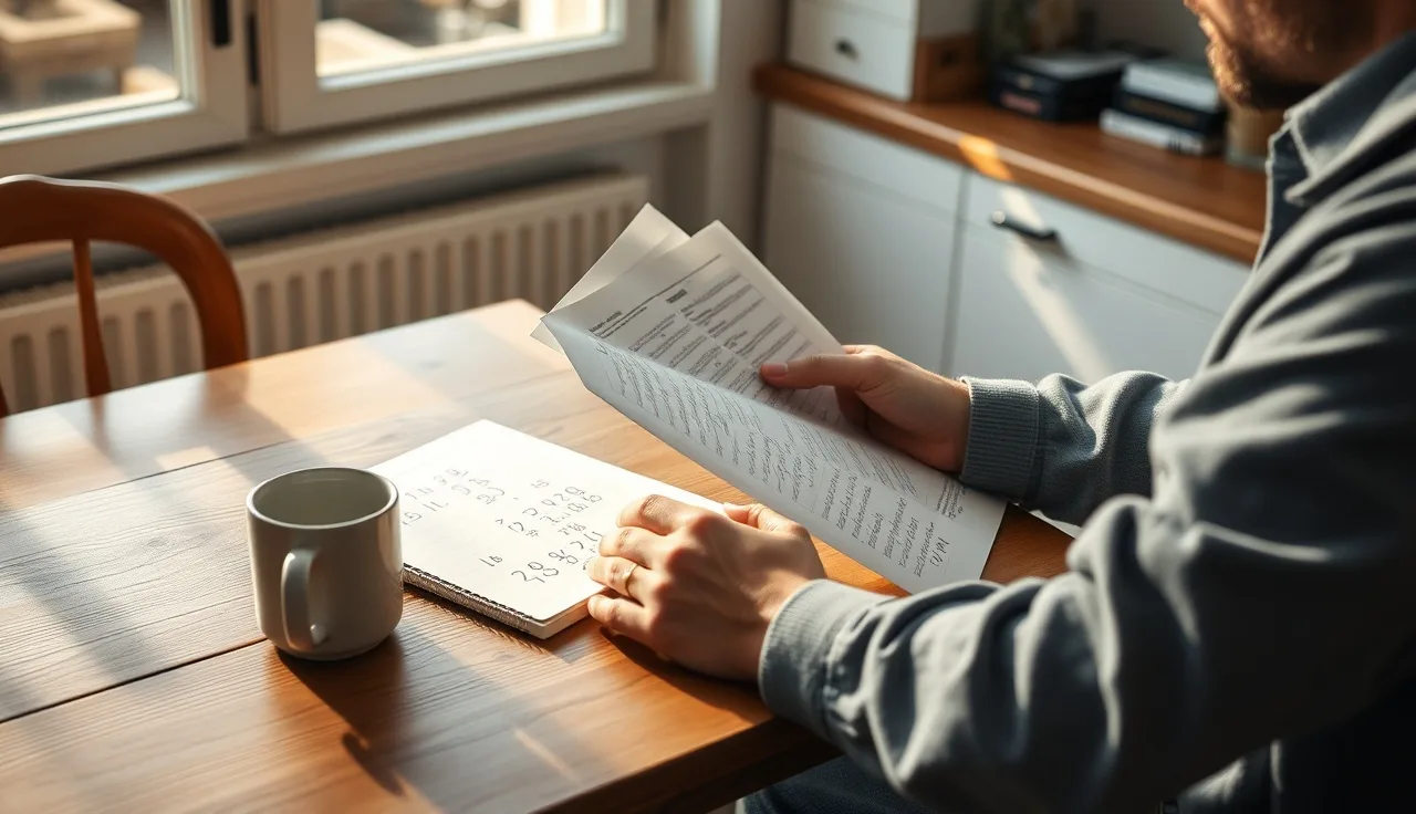 Person reviewing earnings documents and notes at kitchen table while on SSDI