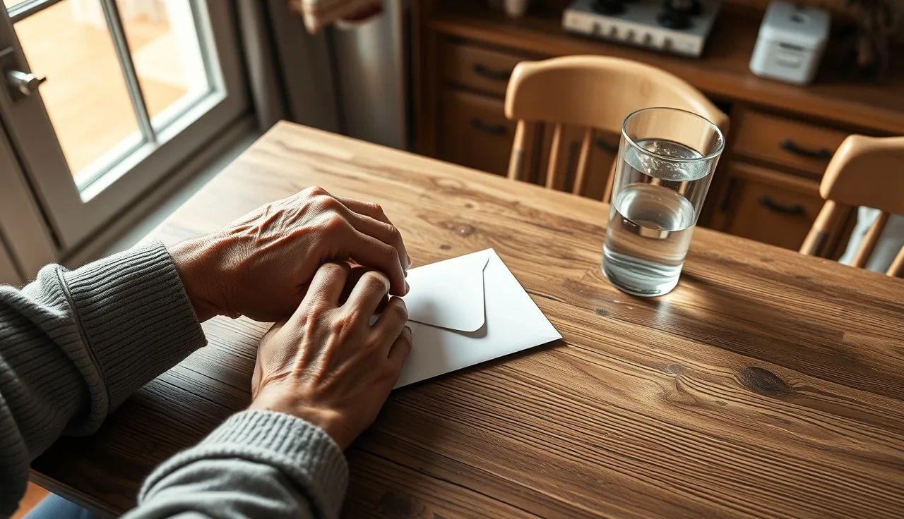 Two hands resting on a kitchen table beside a Social Security benefit envelope