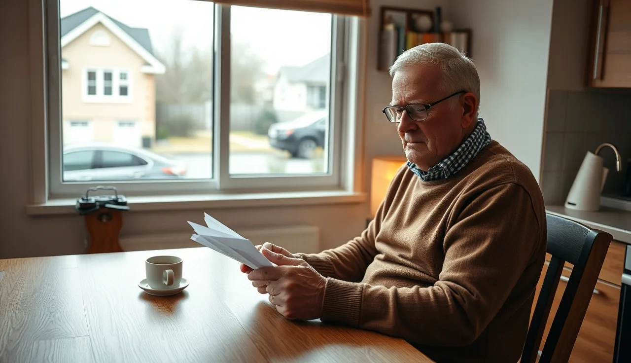Man reviewing SSDI benefit paperwork at kitchen table in morning light