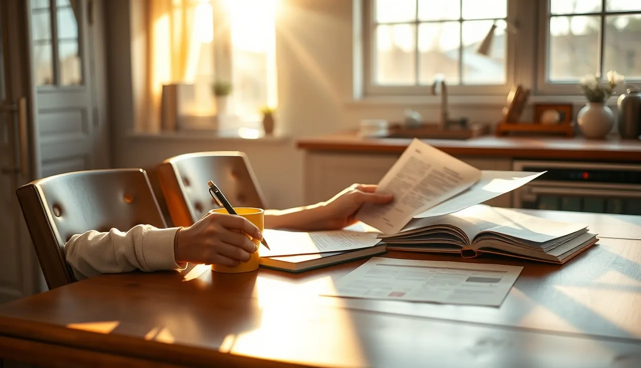 Person reviewing SSDI earnings documents at a kitchen table in morning light
