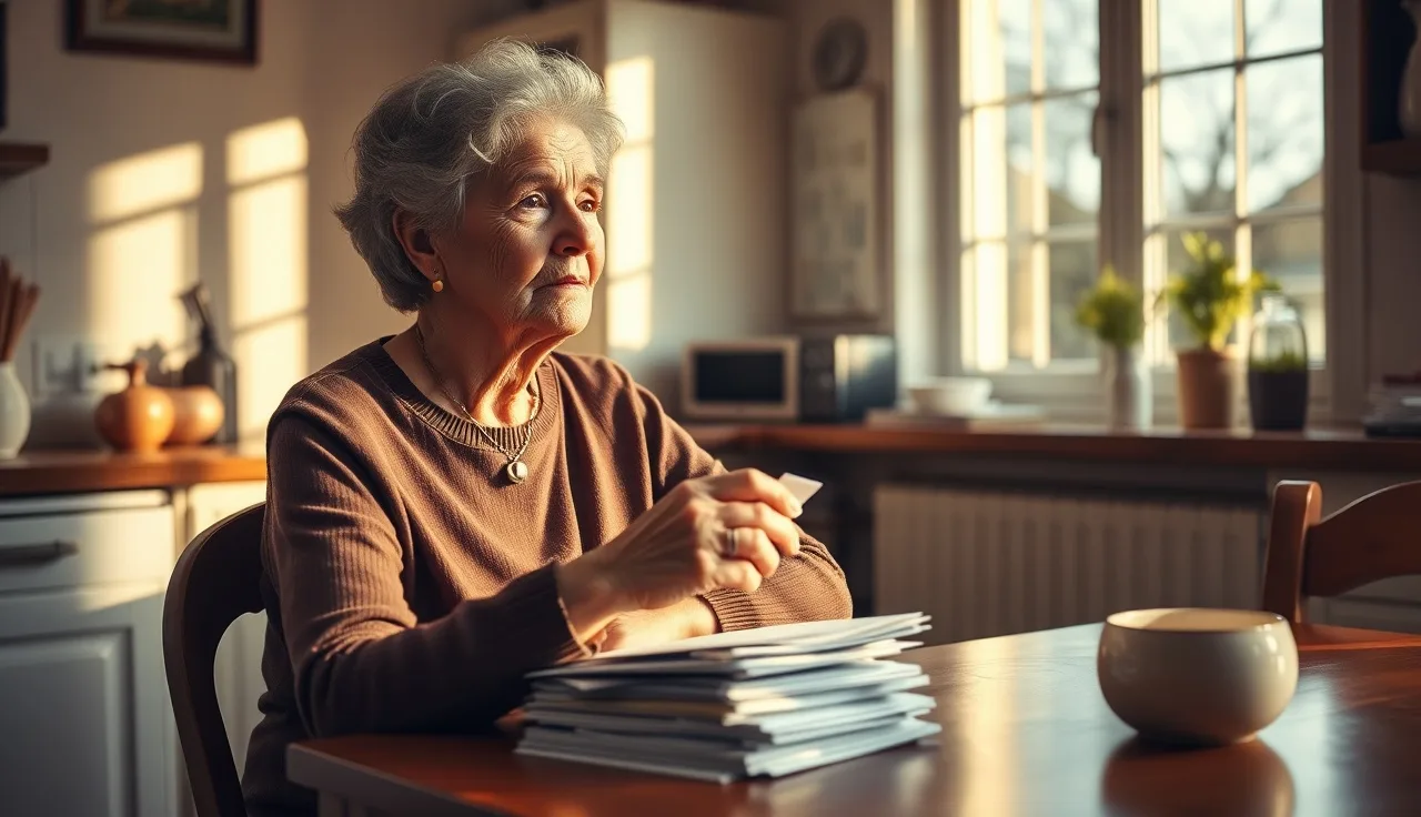 Older woman at kitchen table reviewing disability benefit paperwork in afternoon light