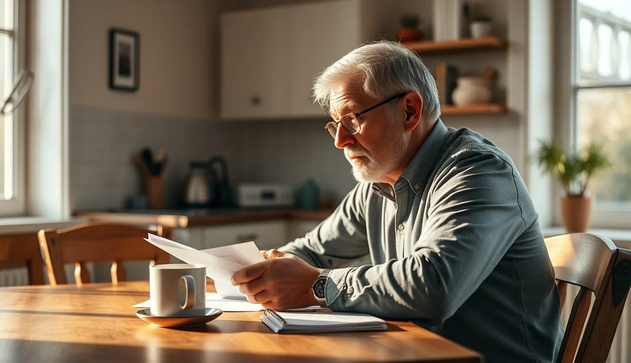 Man reviewing disability paperwork at kitchen table in morning light