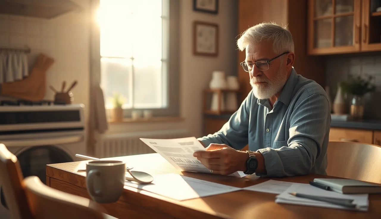 Man reviewing financial documents at kitchen table while calculating disability benefit amounts