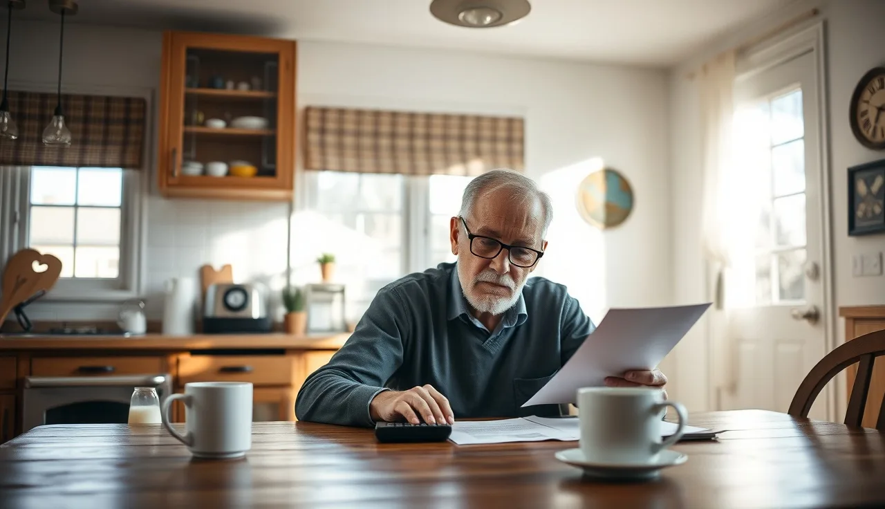 Older man reviewing social security disability paperwork at kitchen table