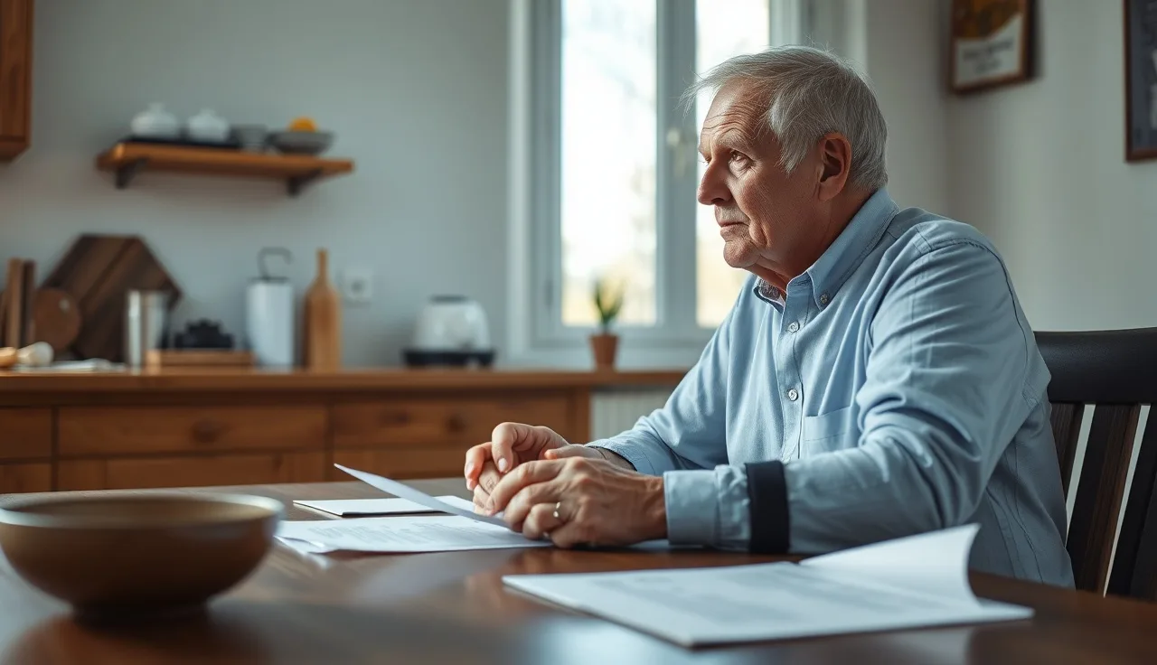 A man with a brace at a kitchen table reviewing disability payment documents