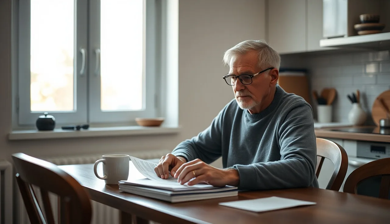 Older man reviewing SSDI disability paperwork at kitchen table in morning light