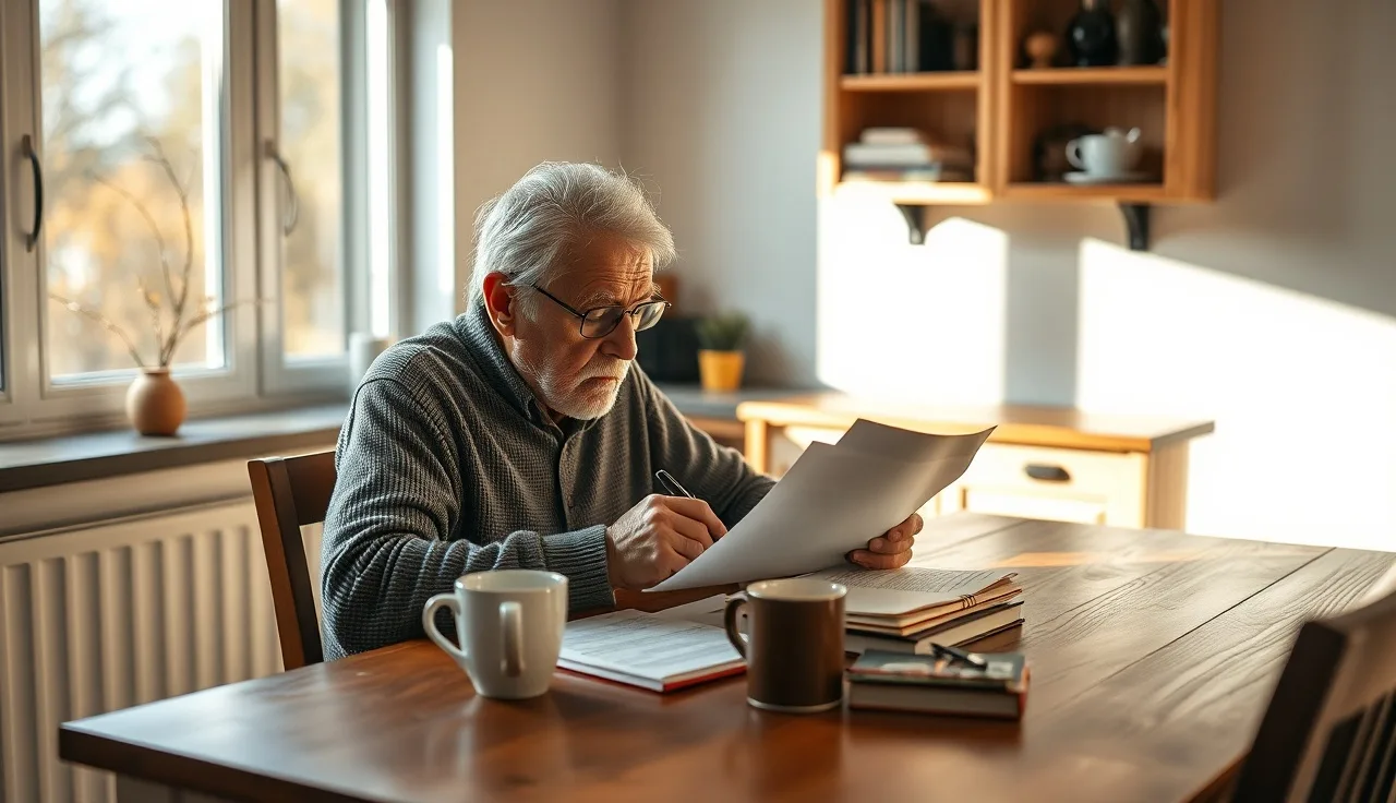 Man reviewing disability benefit paperwork at kitchen table in morning light