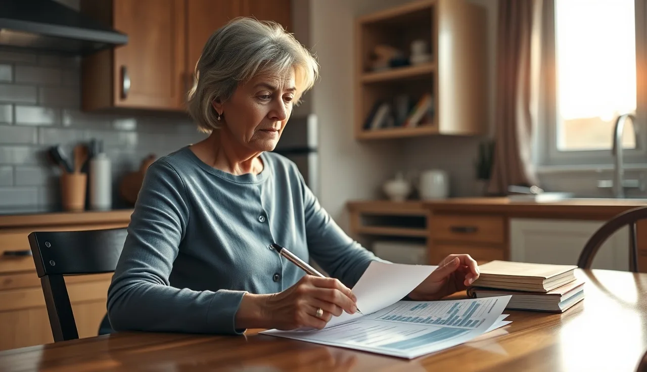 Woman reviewing disability benefit paperwork at kitchen table in morning light