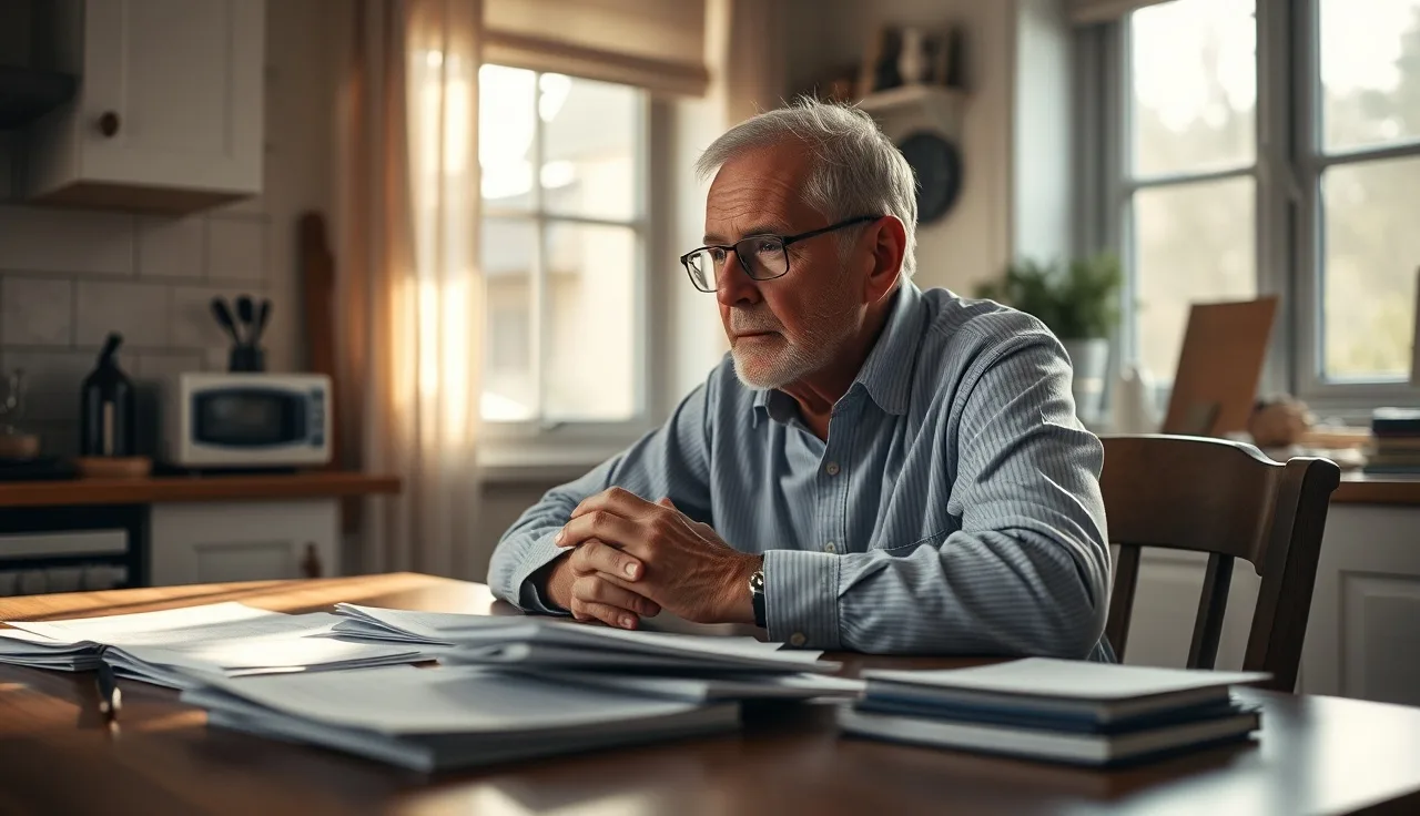 Man sitting at kitchen table reviewing Social Security disability paperwork in morning light