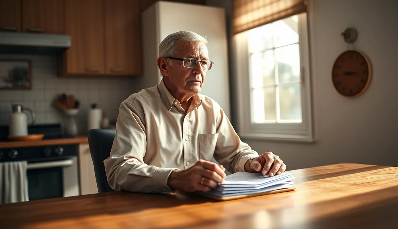 Veteran sitting at kitchen table reviewing disability claim documents in morning light