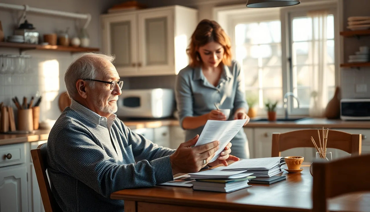Older adult reviewing disability paperwork at kitchen table with trusted helper