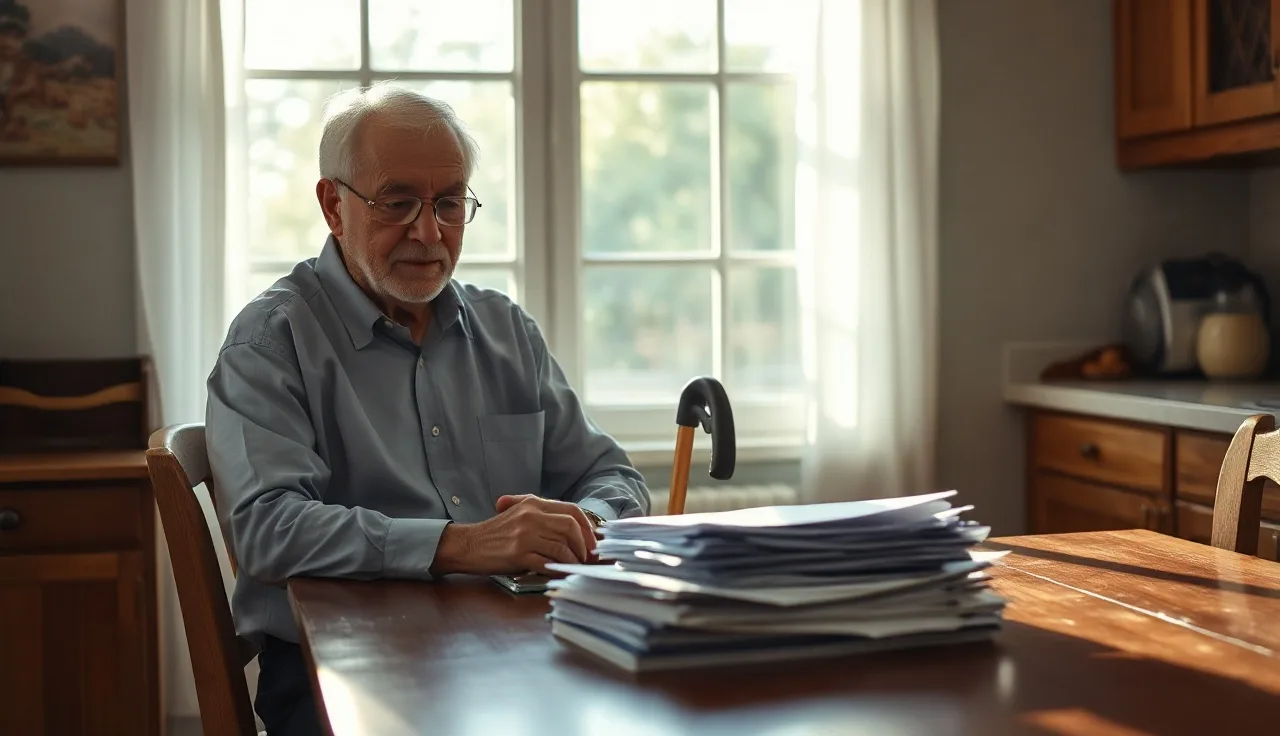 Older man with a cane reviewing disability paperwork at a kitchen table
