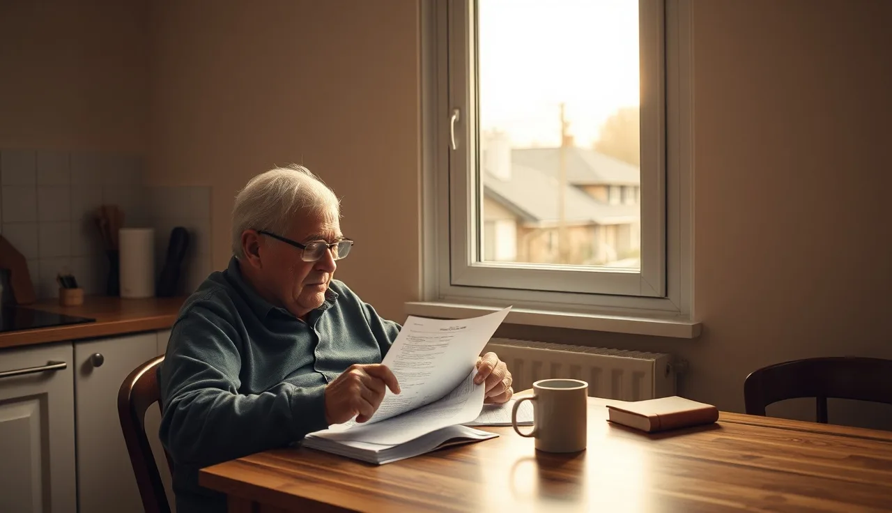 Man reviewing Social Security disability paperwork at kitchen table in morning light