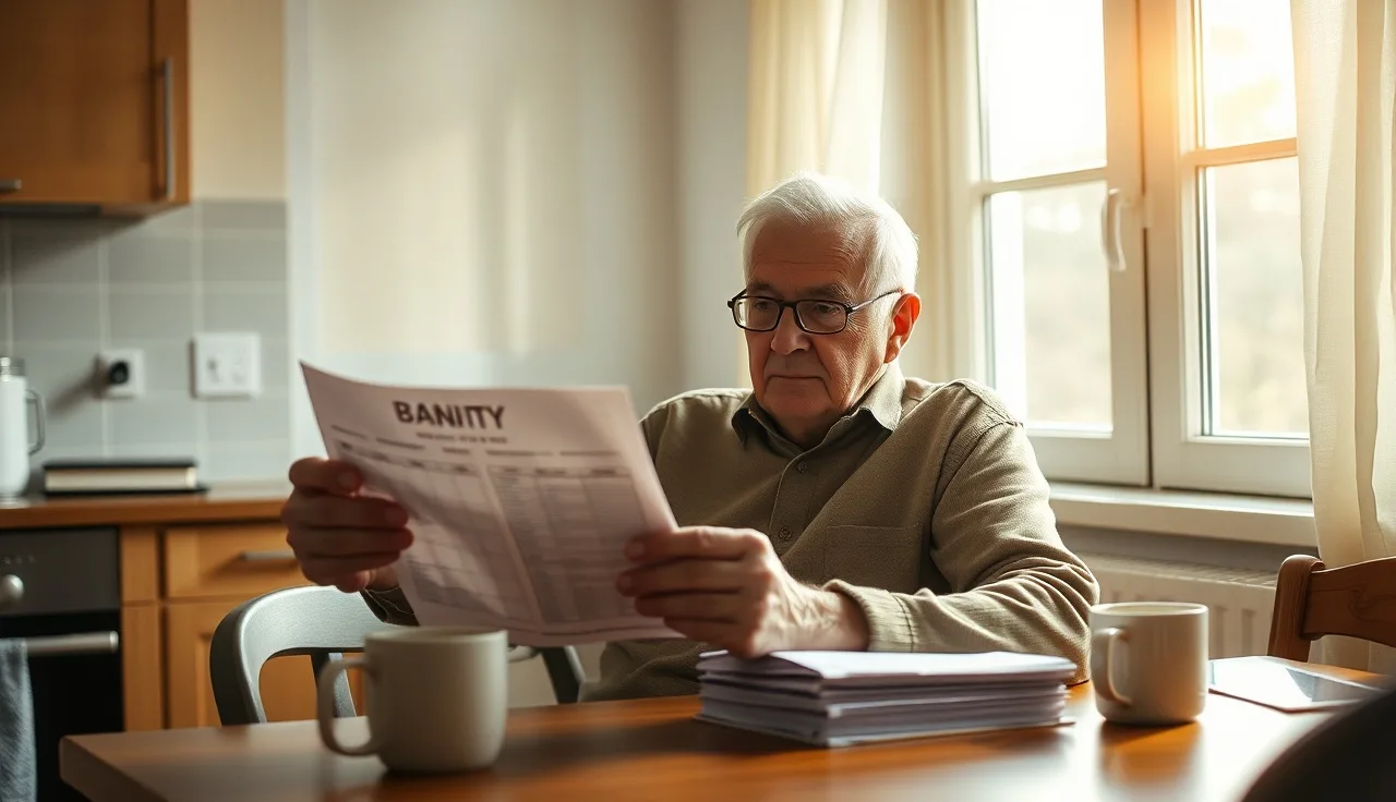 Man reviewing bank statement at kitchen table during morning light, SSDI payment topic