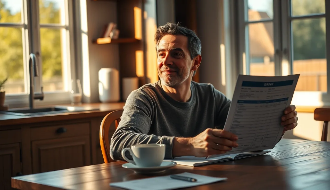 Person at kitchen table reviewing a bank statement showing disability back pay deposit