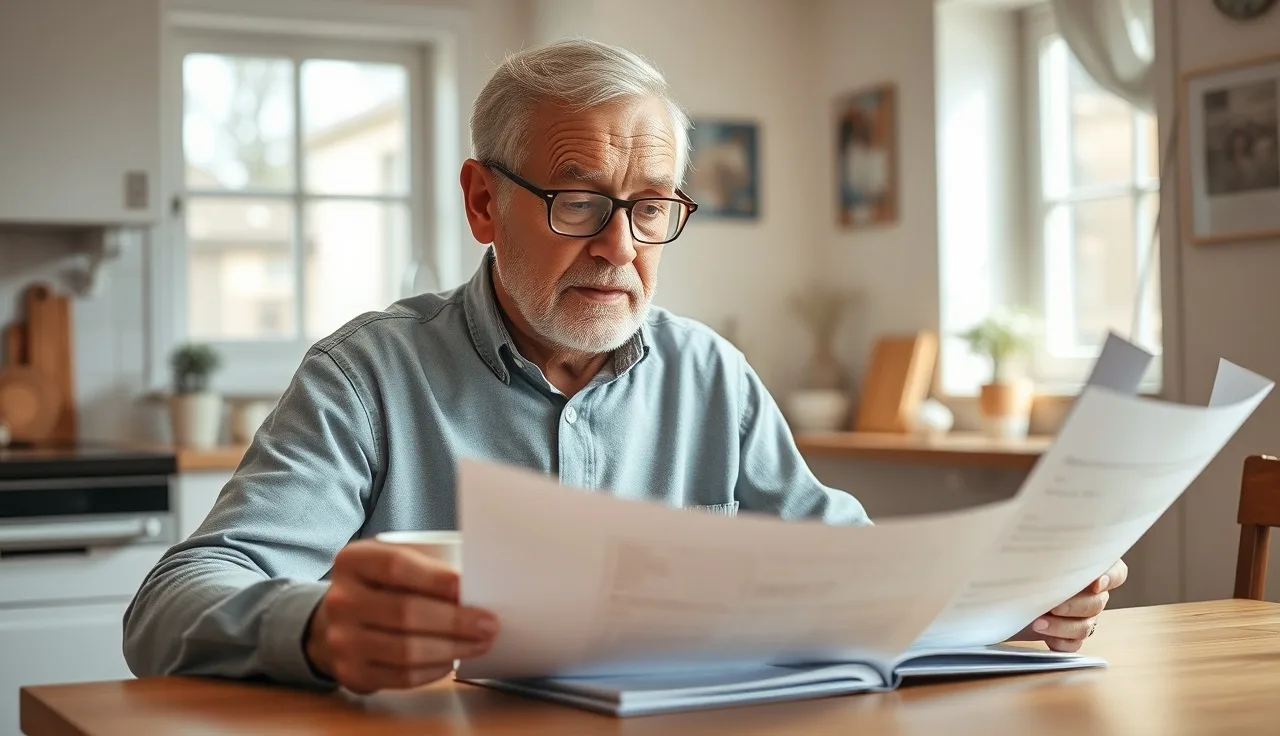 Man at kitchen table reviewing SSDI income documents in morning light
