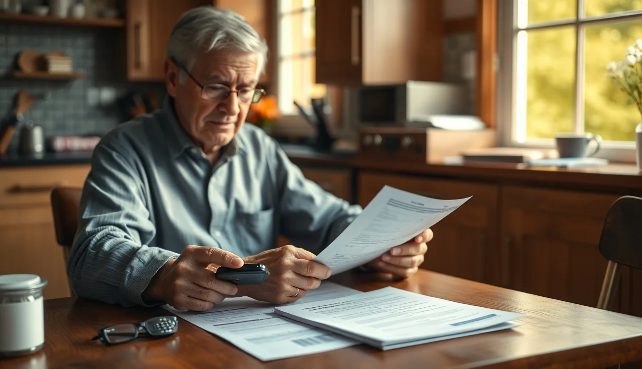 Person reviewing SSDI benefit paperwork and calculator at home kitchen table