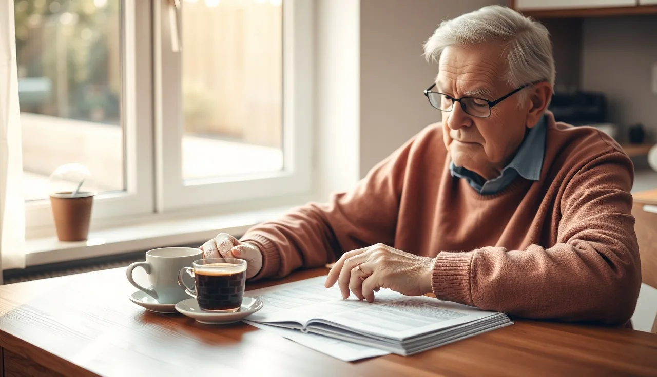 Person reviewing Social Security disability benefit documents at kitchen table in morning light