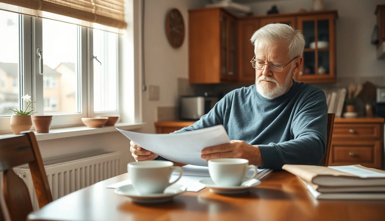 Man reviewing disability benefit documents at home kitchen table in morning light