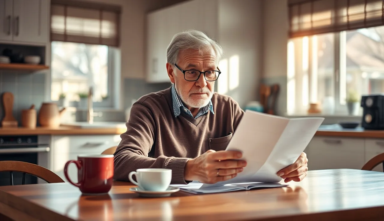 Older man reviewing an SSDI tax document at kitchen table in morning light