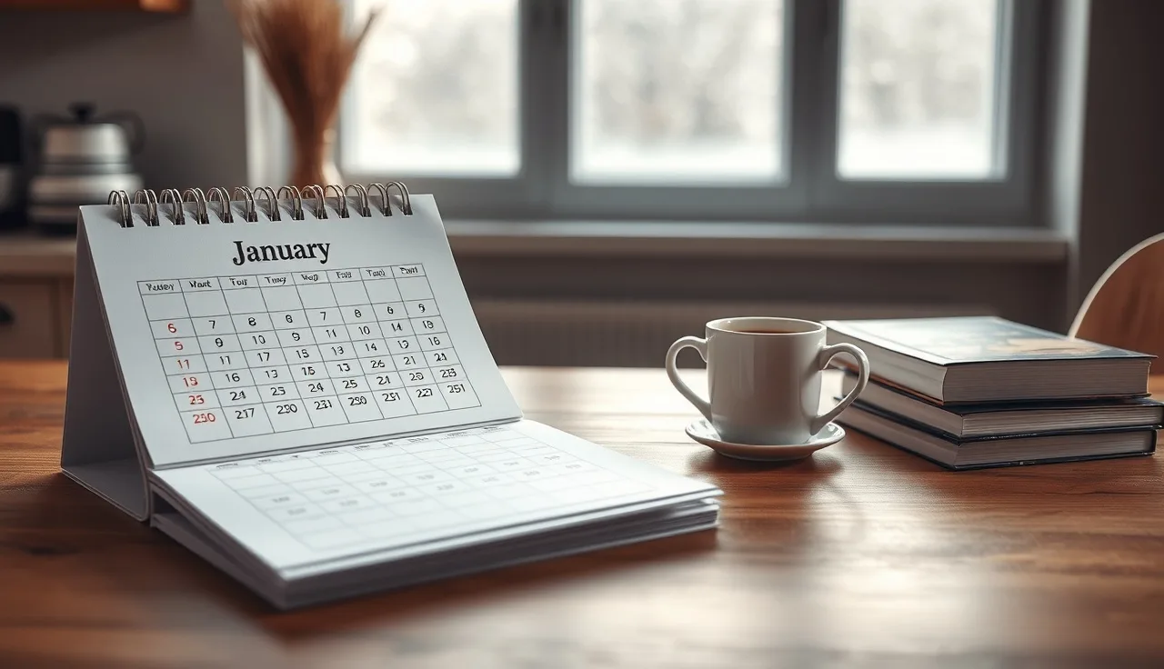 Coffee cup and January calendar on kitchen table in early morning light