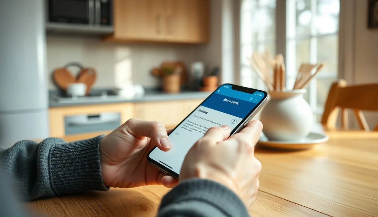 Person checking SSDI direct deposit notification on phone at kitchen table