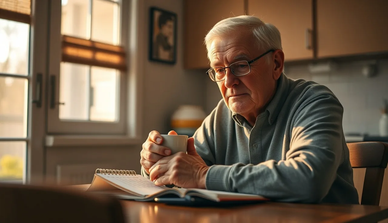 Older man at kitchen table with a calendar open showing June payment dates