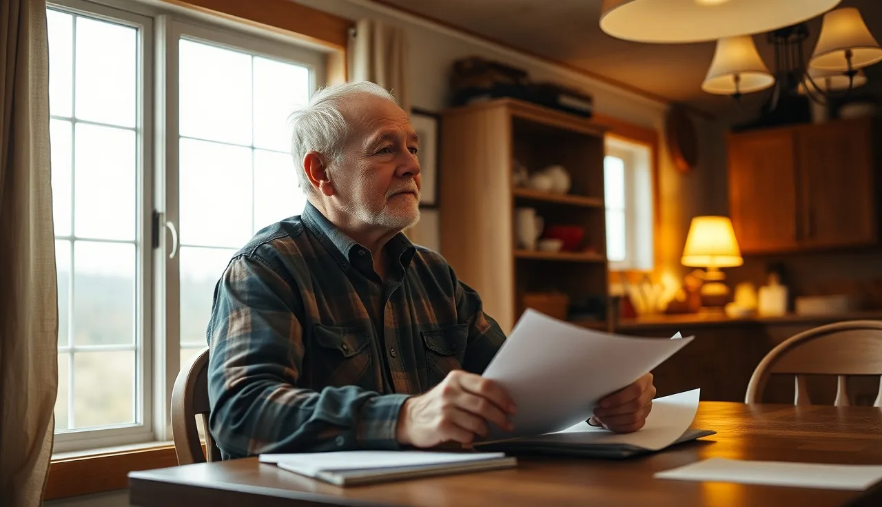 Older worker reviewing disability documents at kitchen table in morning light