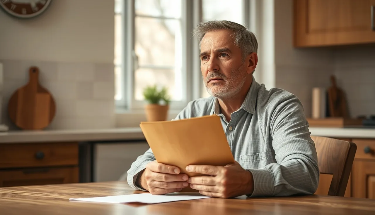 Man at kitchen table holding disability paperwork, SSDI benefit documents nearby