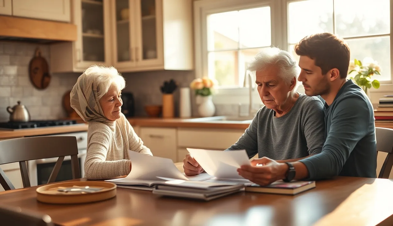 Woman and family member reviewing disability benefits paperwork at kitchen table