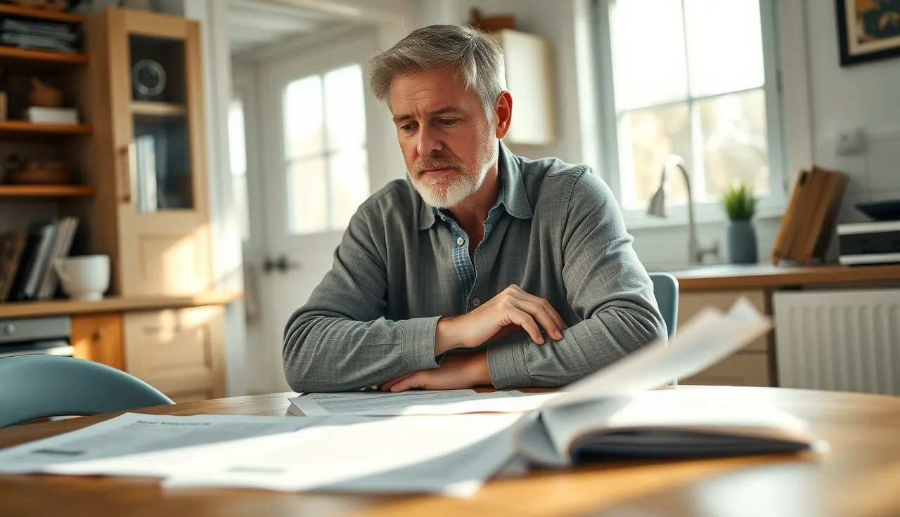 Man reviewing disability paperwork at a kitchen table in morning light