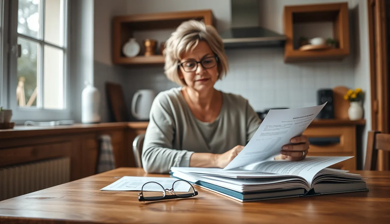 Woman reviewing disability paperwork at kitchen table in morning light