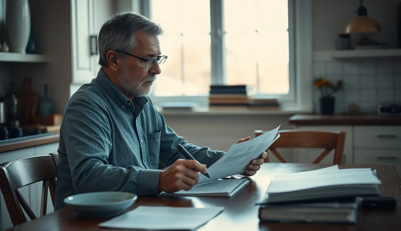 Man reviewing disability paperwork at kitchen table in afternoon light