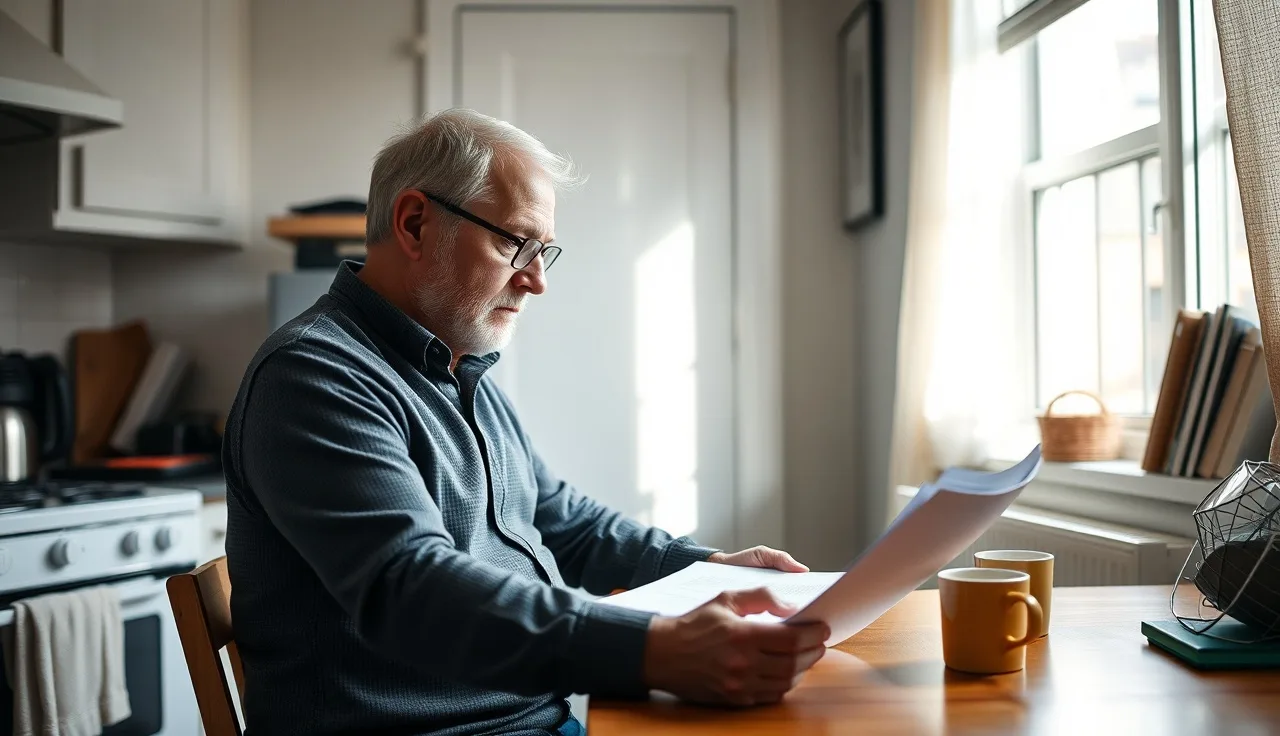 Man reviewing SSDI paperwork at kitchen table in New York apartment