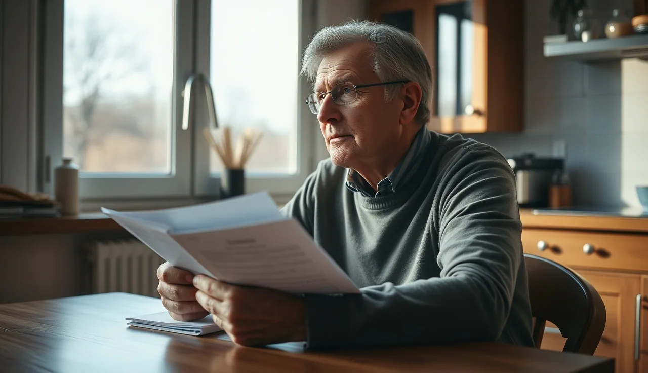 Person reviewing medical paperwork at kitchen table while applying for disability benefits