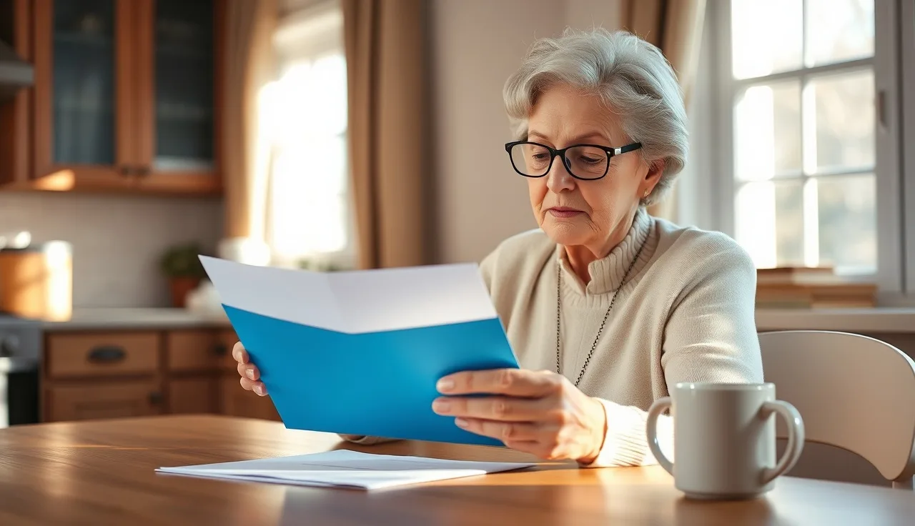 Woman reading Medicare enrollment letter at kitchen table after receiving SSDI approval