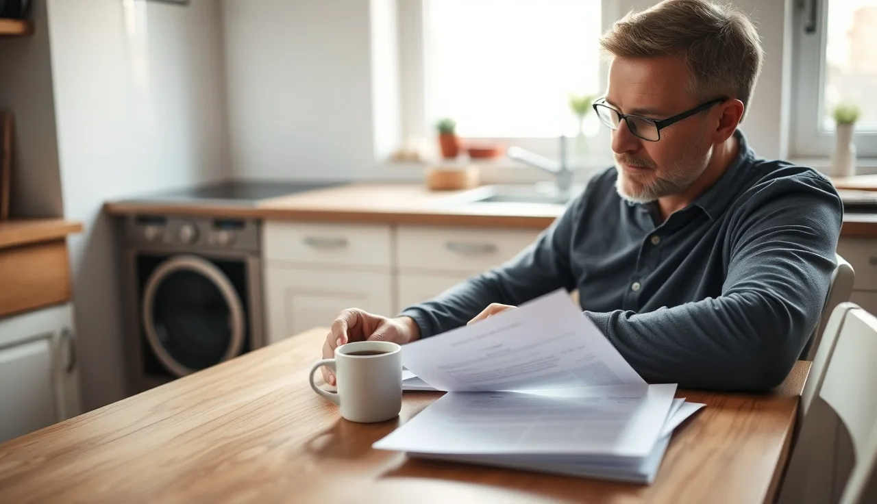 Man reviewing SSDI benefit documents at a kitchen table in morning light
