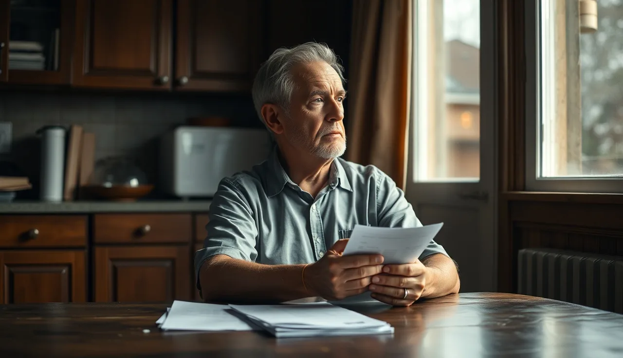 Man sitting at kitchen table looking at medical paperwork for disability claim