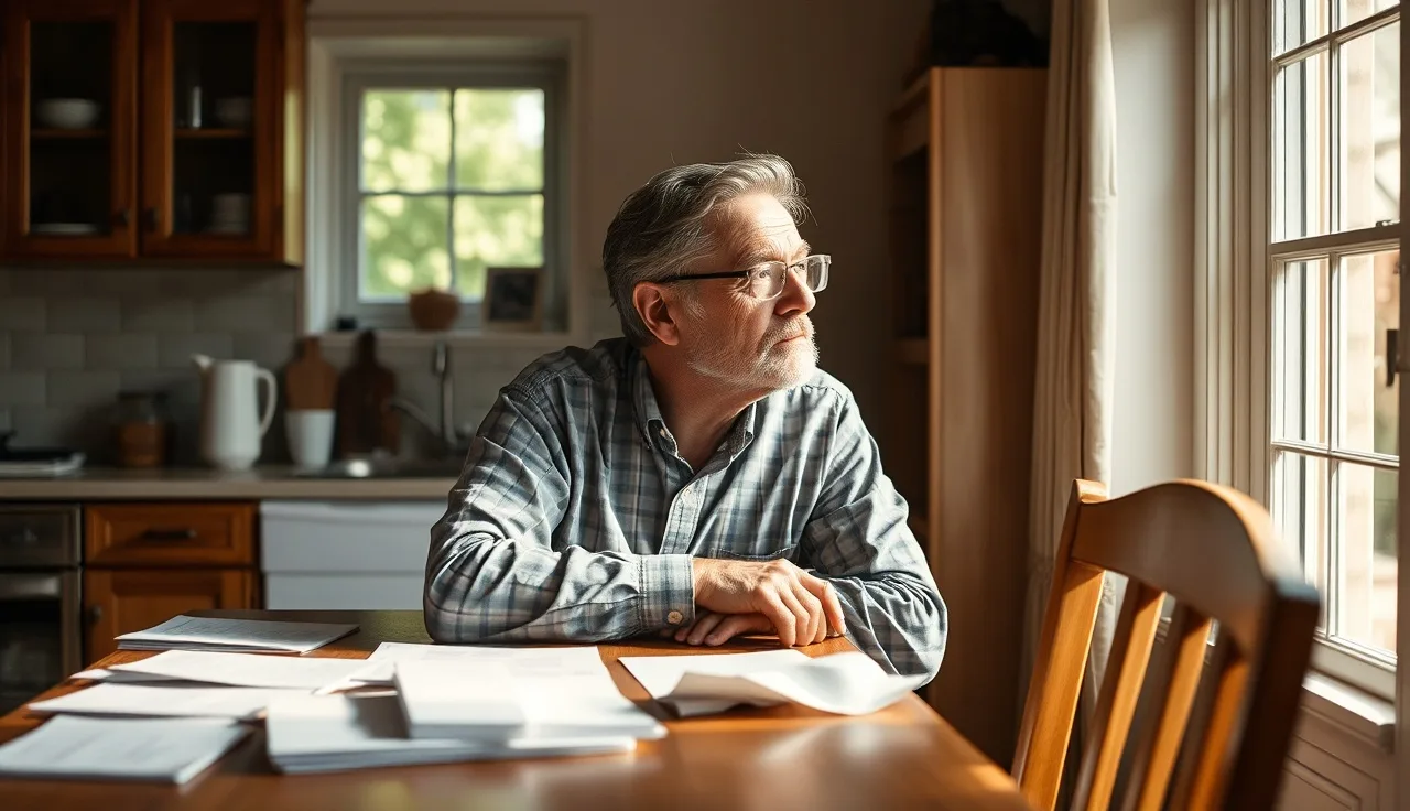 Person reviewing SSDI application documents at kitchen table in morning light